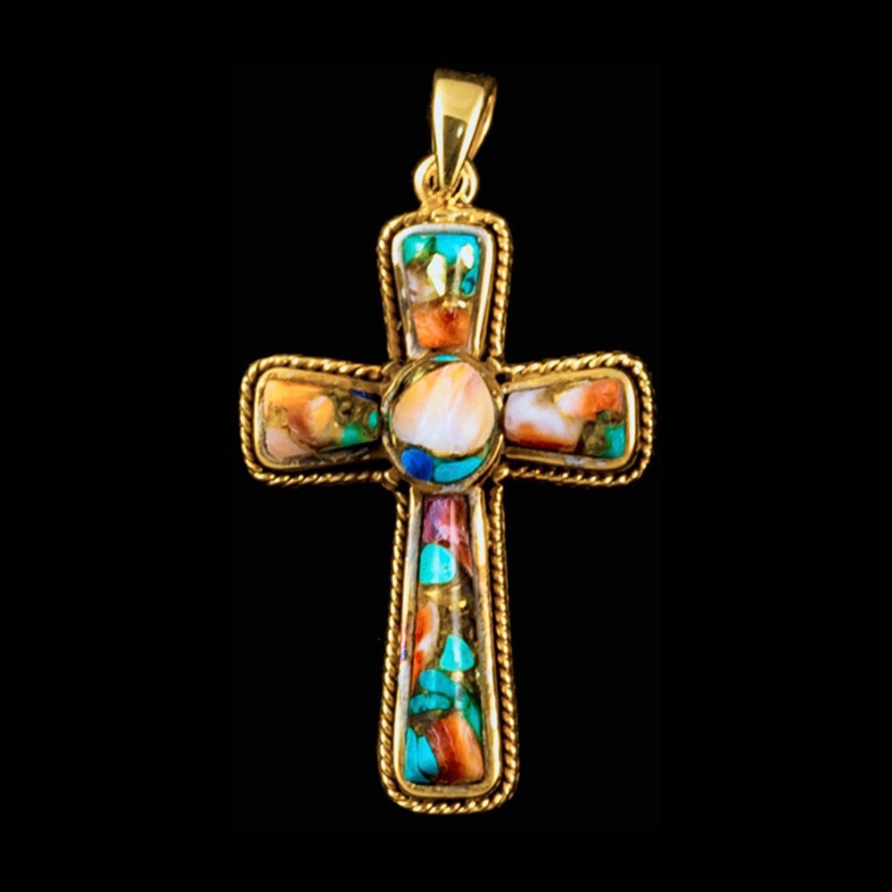 Large Cross Northern Lights 14K Gold Pendant Chain Included